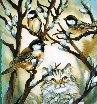 aquí berdie berdie gato pájaros Pinturas al óleo